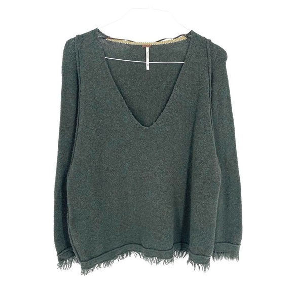 Free People Irresistible Wool Linen V-Neck Frayed Long Sleeve Sweater Green - Picture 3 of 9
